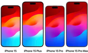 Cztery modele iPhone'ów: 15, 15 Plus, 15 Pro i 15 Pro Max, z kolorowymi tapetami. iPhone 15 Pro Max z największą baterią.