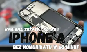 Rozłożony iPhone z widoczną baterią i elementami wewnętrznymi.