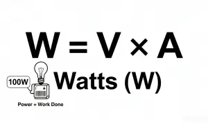 W = V × A. To jest wzór na moc elektryczną w watach (W). Obok żarówka 100W.