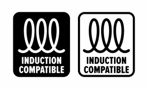 Dwa symbole: czarny kwadrat z białym zwojem i napisem "INDUCTION COMPATIBLE" oraz biały kwadrat z czarnym zwojem i napisem "INDUCTION COMPATIBLE". To znaczek indukcji.