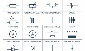 Schemat elektryczny przedstawia symbole elementów: rezystor, fotorezystor, woltomierz, dioda świecąca, potencjometr, kondensator, amperomierz, dioda prostownicza, przycisk, ogniwo, bateria, cewka, brak połączenia i połączenie.