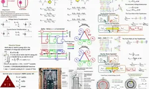 Schemat elektryczny z wzorami na moc, transformatory i połączenia.