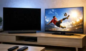 Dwa telewizory na drewnianej szafce. Jeden pokazuje gwiazdy, drugi mecz piłki nożnej. Który lepszy: oled czy qled?