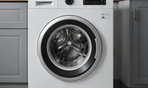 Nowoczesna f05 pralka z chromowanym bębnem i panelem sterowania, umieszczona między szarymi szafkami kuchennymi.