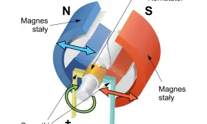 Schemat silnika elektrycznego: magnesy stałe N i S, komutator, szczotki. Wirnik obraca się dzięki sile elektromagnetycznej.