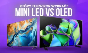 Dwa telewizory, jeden z abstrakcyjnym obrazem w odcieniach niebieskiego i pomarańczowego, drugi z kolorową falą. Który wybrać: Mini LED czy OLED?