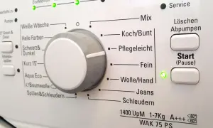 Panel sterowania pralki Beko. Pokrętło wyboru programu, przyciski "Start", "Löschen Abpumpen". Jak zresetować pralkę beko?