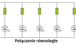 Schemat połączenia równoległego pięciu diod LED z rezystorami. Każda dioda świeci niezależnie.