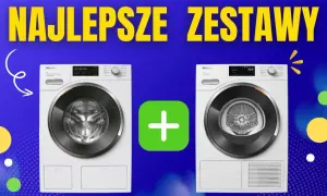 Najlepsze zestawy pralka i suszarka ranking. Dwie białe pralki Miele obok siebie, połączone zielonym znakiem plus.