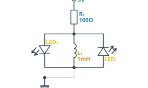 Schemat elektryczny z rezystorem, cewką (dławik L1 1mH) i dwoma diodami LED.
