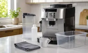 Ekspres DeLonghi, płyn do odkamieniania, pojemnik na wodę i ściereczka. Instrukcja odkamieniania krok po kroku.