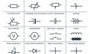 Schemat zawiera symbole elementów elektronicznych: rezystor, potencjometr, kondensator symbol, ogniwo, fotorezystor, bateria, woltomierz, amperomierz, przycisk, cewka, dioda świecąca, dioda prostownicza, brak połączenia, połączenie (węzeł).