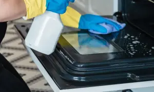 Ręce w rękawiczkach czyszczą szybę piekarnika Electrolux. Dowiedz się, jak wyjąć szybę z piekarnika Electrolux, by ją dokładnie umyć.