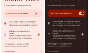Dwa ekrany telefonu z opcjami oszczędzania baterii. Po lewej jasny motyw, po prawej ciemny. Oba pokazują funkcje oszczędzania energii.