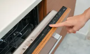 Dłoń naciska przycisk na panelu zmywarki Beko. Widoczne są symbole programów i opcji, np. "ECO-810".