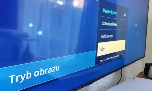 Menu telewizora z opcjami "Tryb obrazu": Dynamiczny, Standardowy, Naturalny, Film. Trwa kalibracja telewizora.