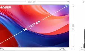 Telewizor 70 cali wymiary: 155,6 cm szerokości, 95,2 cm wysokości, 8,2 cm grubości. Idealny do dużych salonów.