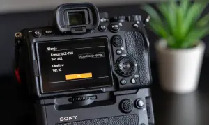 Tył aparatu Sony z ekranem pokazującym wersję oprogramowania korpusu i obiektywu.