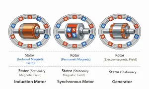 Schemat silnika indukcyjnego, synchronicznego i generatora. Widać stojan z uzwojeniem i wirnik z magnesami lub uzwojeniem.