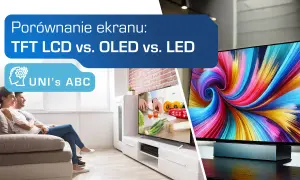 Porównanie ekranów: TFT LCD vs. OLED vs. LED. Para ogląda telewizor, który wyświetla kolorowy obraz.