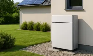 Nowoczesny magazyn energii do fotowoltaiki 10 kW stoi obok domu z panelami słonecznymi.