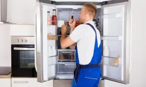 Serwisant naprawia lodówkę, która nie chłodzi, a zamrażarka mrozi. Sprawdza mechanizm, by rozwiązać problem.