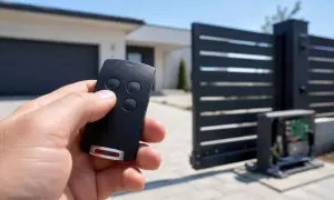 Ręka trzymająca pilot do bramy, gotowa do kopiowania sygnału. W tle nowoczesna posesja z automatyczną bramą.