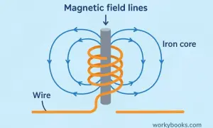 Schemat budowy elektromagnesu: drut nawinięty na rdzeń żelazny, wokół którego widoczne są linie pola magnetycznego.