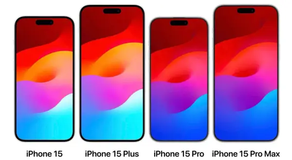 Cztery modele iPhone'ów: 15, 15 Plus, 15 Pro i 15 Pro Max, z kolorowymi tapetami. iPhone 15 Pro Max z największą baterią.