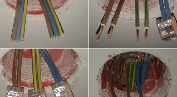Instalacja elektryczna bezpuszkowa: przewody brązowe, niebieskie i żółto-zielone połączone w kostkach.