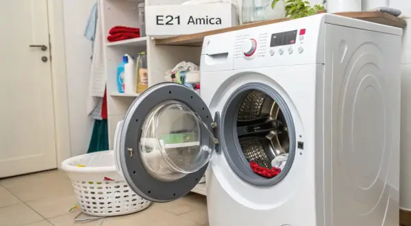 Pralka Amica z otwartymi drzwiczkami, na półce widoczny napis "E21 Amica", sugerujący błąd. Obok kosz na pranie.