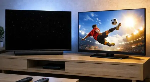 Dwa telewizory na drewnianej szafce. Jeden pokazuje gwiazdy, drugi mecz piłki nożnej. Który lepszy: oled czy qled?