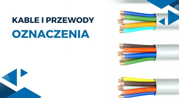 Kable i przewody z różnymi kolorami faz. Widać wiązki przewodów w izolacjach: niebieskiej, zielonej, pomarańczowej, turkusowej, brązowej, żółtej i szarej.
