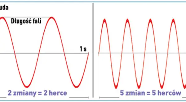 Dwie fale sinusoidalne, jedna o niższej częstotliwości (2 zmiany = 2 herce) i jedna o wyższej (5 zmian = 5 herców), ilustrujące pojęcie emf.