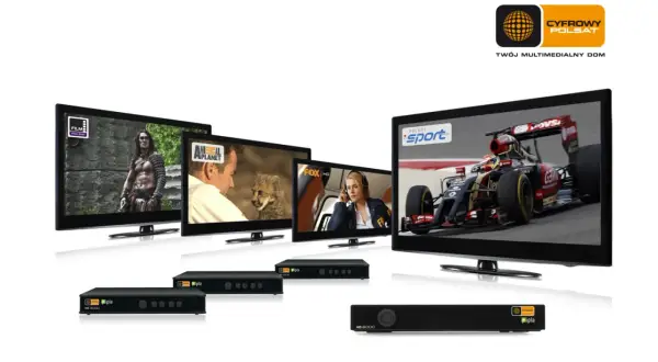 Wiele ekranów z kanałami Polsat, w tym sport i filmy, oraz dekodery. To Twój multiroom Polsat.