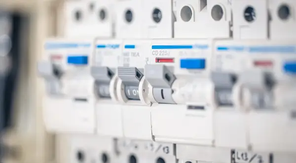 Szukasz informacji, jaki bezpiecznik do gniazdek? Na zdjęciu widać rząd wyłączników nadprądowych, które chronią instalację elektryczną.