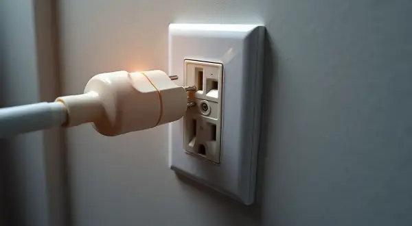 Wtyczka z pomarańczową poświatą zbliża się do gniazdka, sugerując napięcie w gniazdku i przepływ energii.