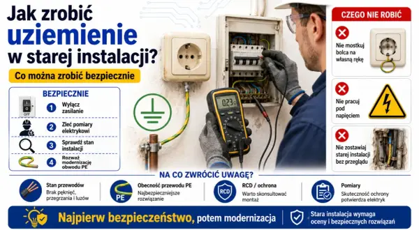 Jak zrobić uziemienie w starej instalacji? Elektryk sprawdza instalację multimetrem, pokazuje jak bezpiecznie modernizować obwód PE.
