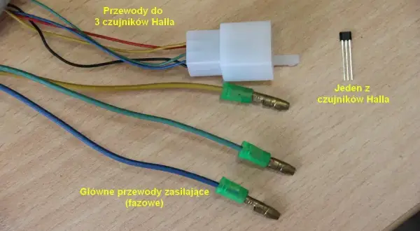 Przewody do 3 czujników Halla i jeden z nich. Główne przewody zasilające (fazowe) podłączone do złączki.