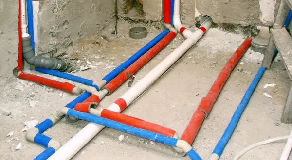 Skomplikowana instalacja hydrauliczna z rurami w kolorach czerwonym, niebieskim i białym. Trudno od razu stwierdzić, z której strony ciepła woda.