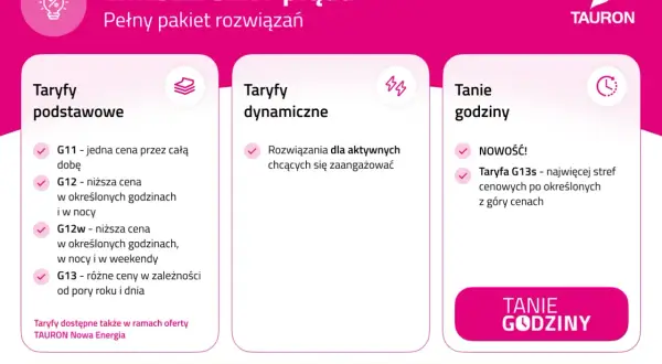 Tauron oferuje taryfy prądu: G11, G12, G12w i G13. Wybierz taryfę G12w, jeśli chcesz niższe ceny w określonych godzinach, w nocy i w weekendy.