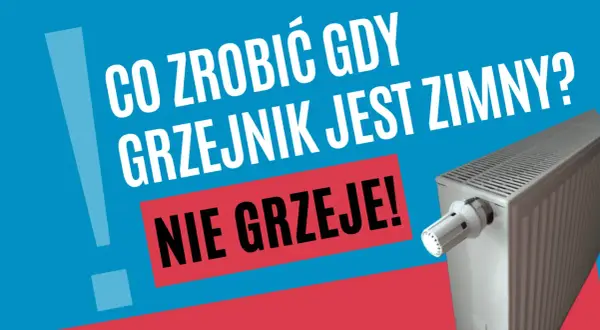 Co zrobić, gdy grzejnik nie grzeje? Biały grzejnik z termostatem na tle niebiesko-czerwonym.