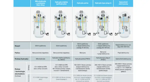 Rodzaje akumulatorów w autach: od mikrohybryd po elektryczne. Tabela porównuje napędy, paliwa i technologie akumulatorów.
