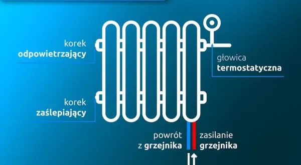 Schemat podłączenia grzejnika od dołu z prawej strony. Widoczny korek odpowietrzający, zaślepiający, głowica termostatyczna, zasilanie i powrót.