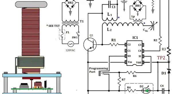 Schemat obwodu z cewką Tesli, transformatorem, tranzystorem i układem scalonym.
