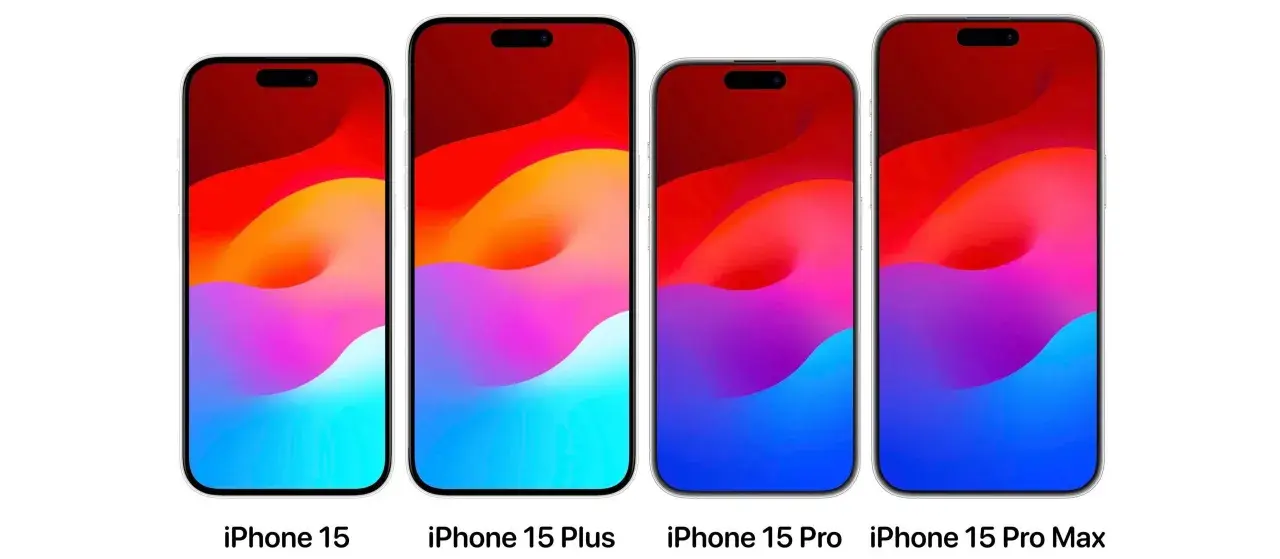 Cztery modele iPhone'ów: 15, 15 Plus, 15 Pro i 15 Pro Max, z kolorowymi tapetami. iPhone 15 Pro Max z największą baterią.