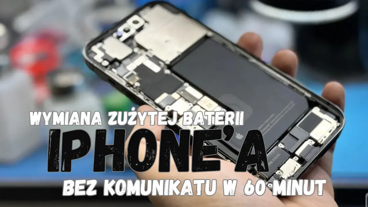 Rozłożony iPhone z widoczną baterią i elementami wewnętrznymi.