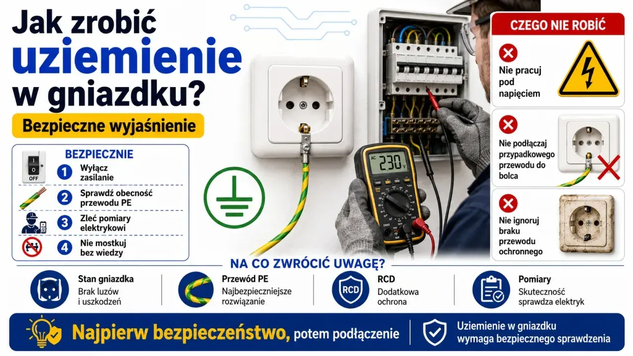 Instrukcja bezpiecznego wykonania uziemienia w gniazdku. Pokazano prawidłowe podłączenie przewodu PE, pomiary elektryczne i czego nie robić.