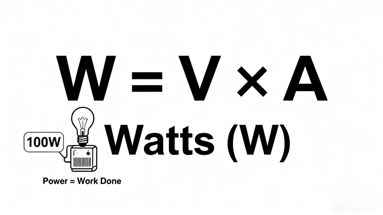 W = V × A. To jest wzór na moc elektryczną w watach (W). Obok żarówka 100W.