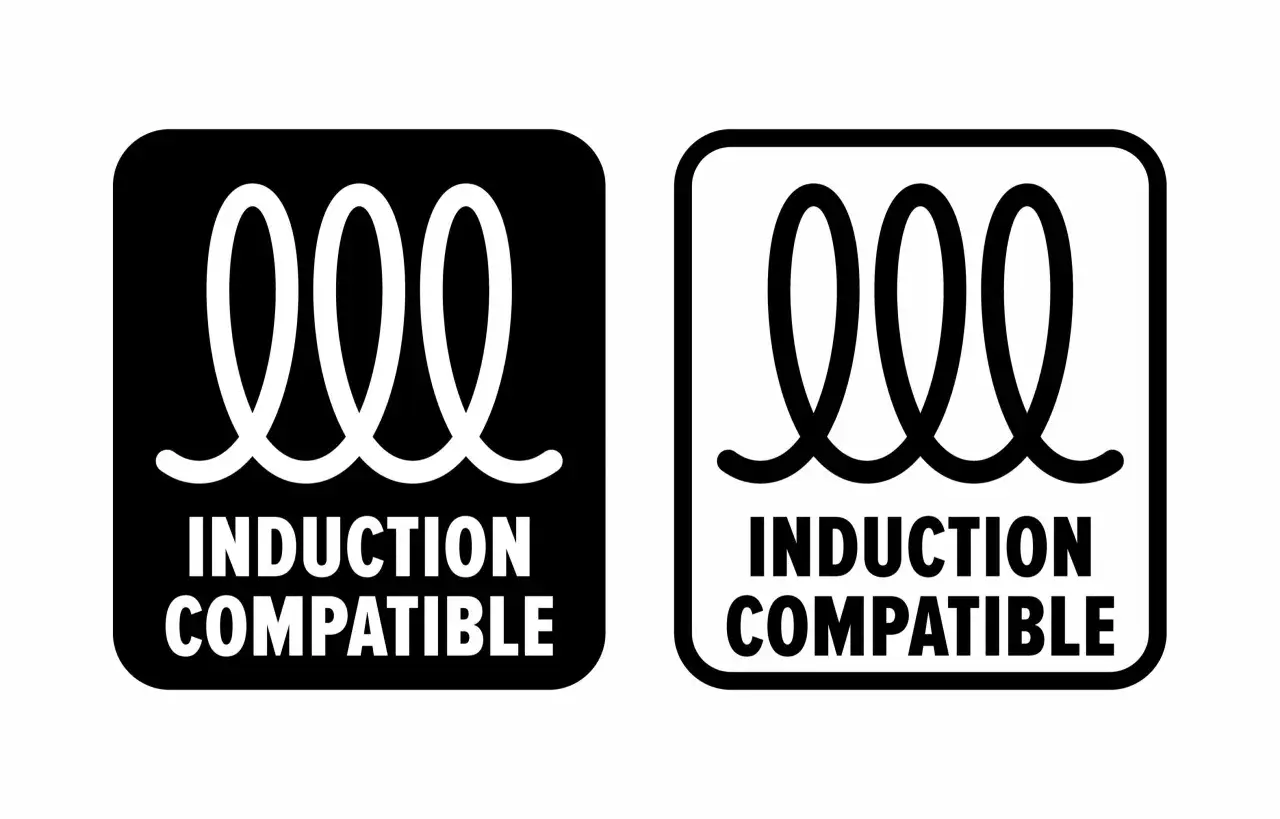 Dwa symbole: czarny kwadrat z białym zwojem i napisem "INDUCTION COMPATIBLE" oraz biały kwadrat z czarnym zwojem i napisem "INDUCTION COMPATIBLE". To znaczek indukcji.